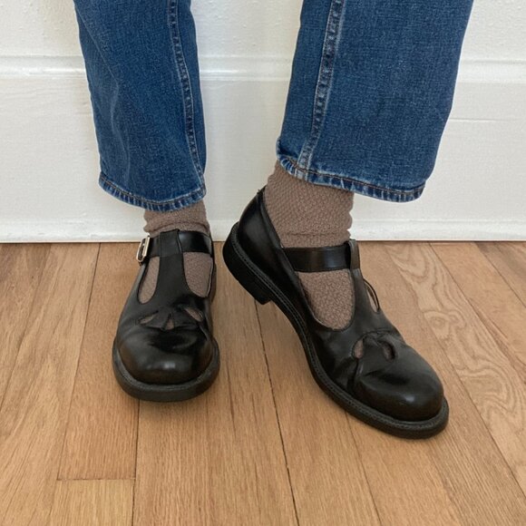 Vintage J. Crew Italian Leather Chunky Mary Jane Loafers Black Petal Cutouts 8 - Picture 3 of 12